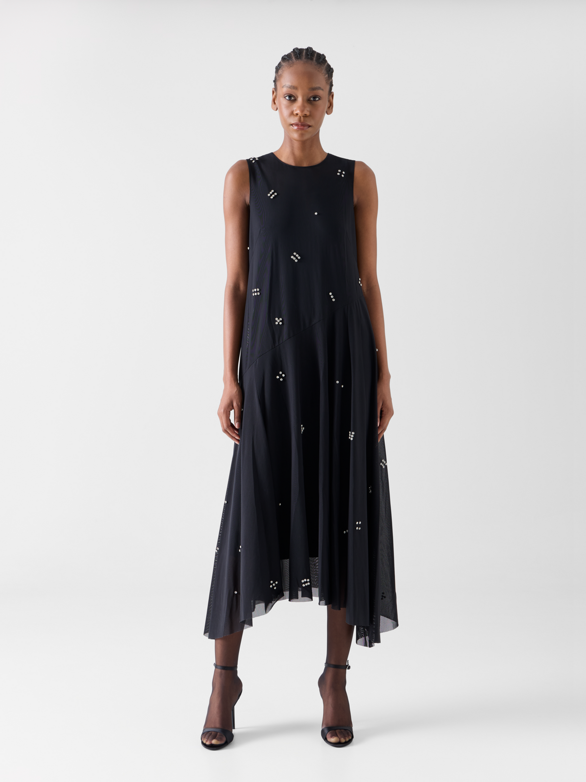 Designer Midi Tulle Dress with Diamond Dice Embellishment - black #editorial
