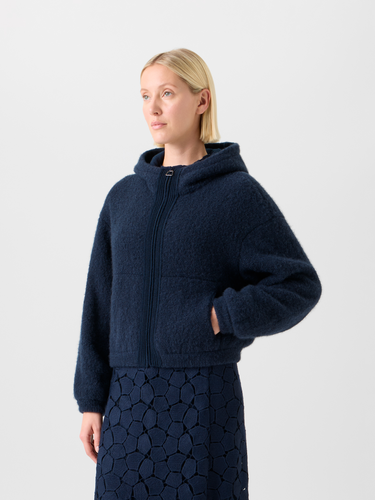 Designer Ultra-Soft Cashmere Silk Bouclé Zip Hoodie - neutral - navy - blue #editorial