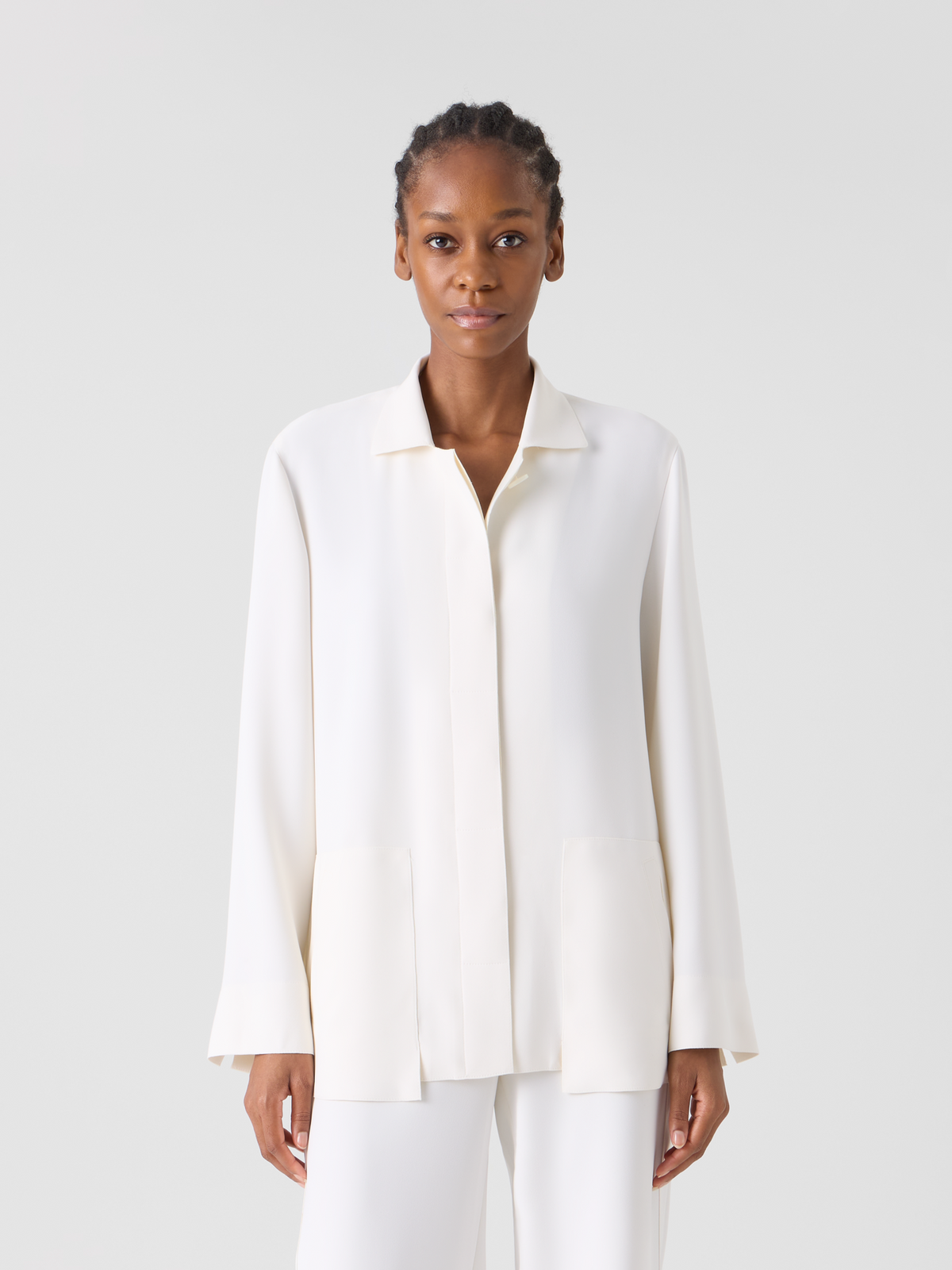 Designer Harp Long Techno Crêpe Jacket with Patch Pocket - ecru