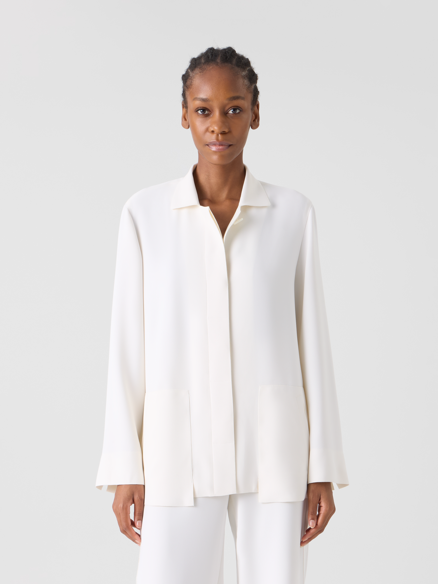 Designer Harp Long Techno Crêpe Jacket with Patch Pocket - ecru