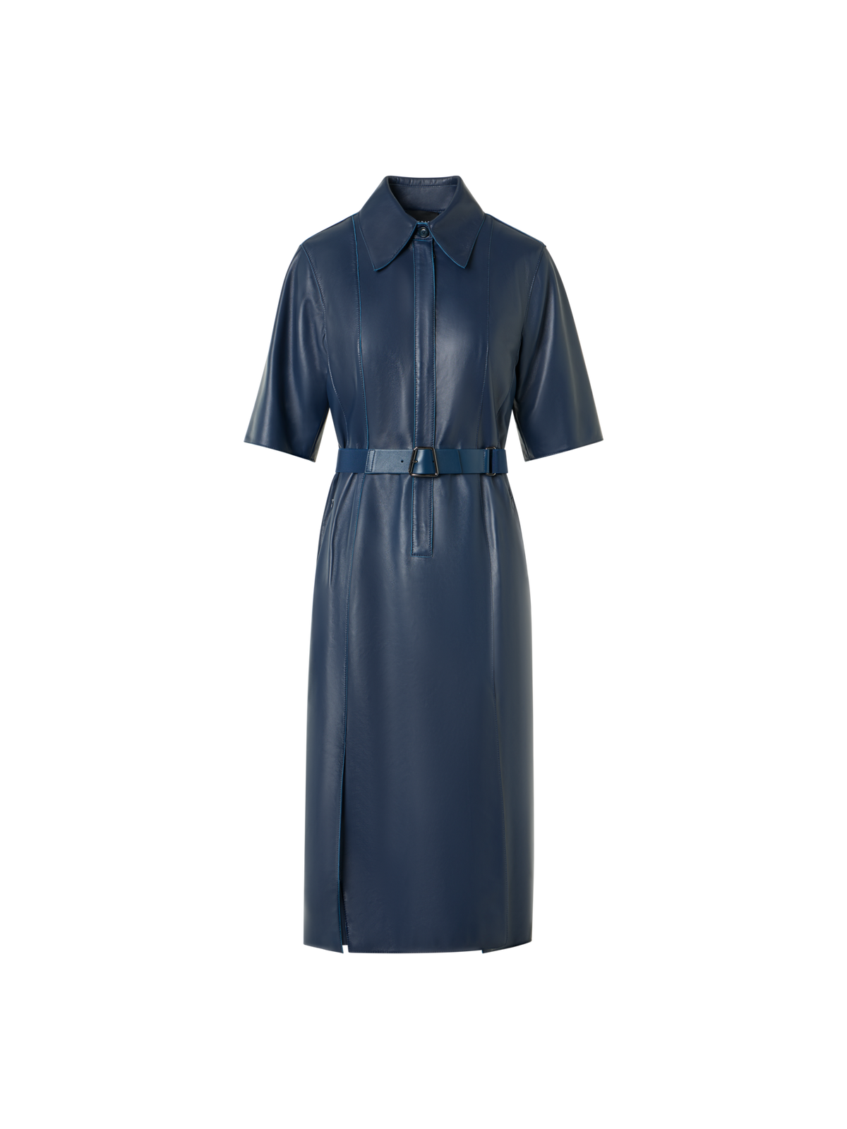 Designer Short Sleeve Shirt Dress in Leather - blue