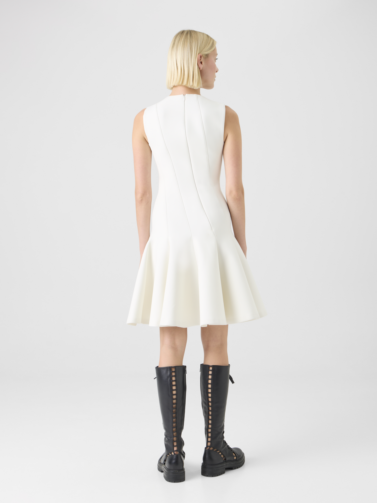Designer Sleeveless Techno Neoprene Fit-and-Flare Dress - ecru #editorial