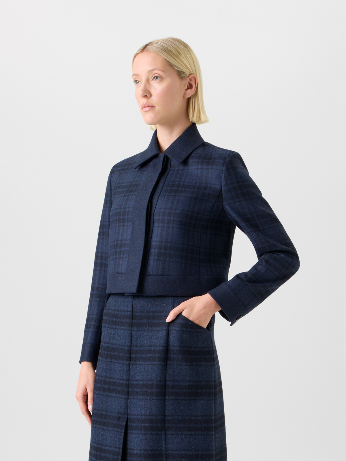 Designer Short Wool Double-Face Plaid Jacket - neutral - navy - blue #editorial