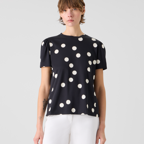 Polka Dot Cotton Jersey T-Shirt with Puff Sleeves