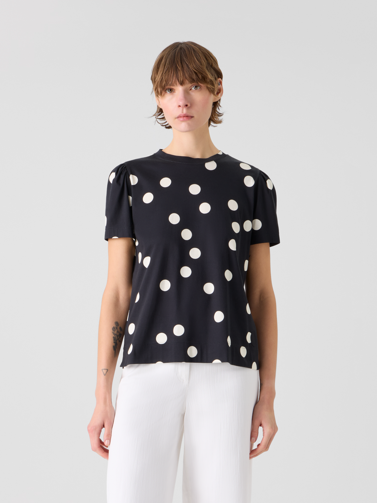 Designer Polka Dot Cotton Jersey T-Shirt with Puff Sleeves - black #editorial