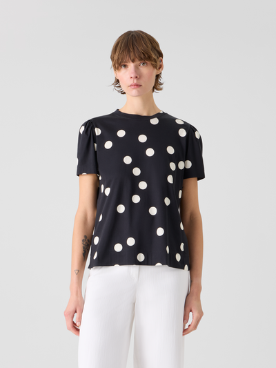 Designer Polka Dot Cotton Jersey T-Shirt with Puff Sleeves - black #editorial
