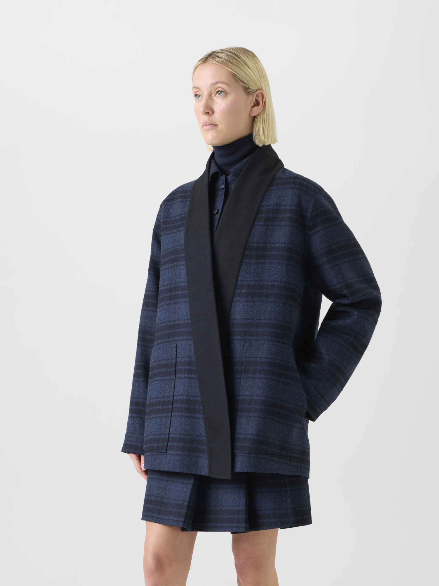 Designer Oversized Wool Double-Face Plaid Shirt Jacket - navy - blue 