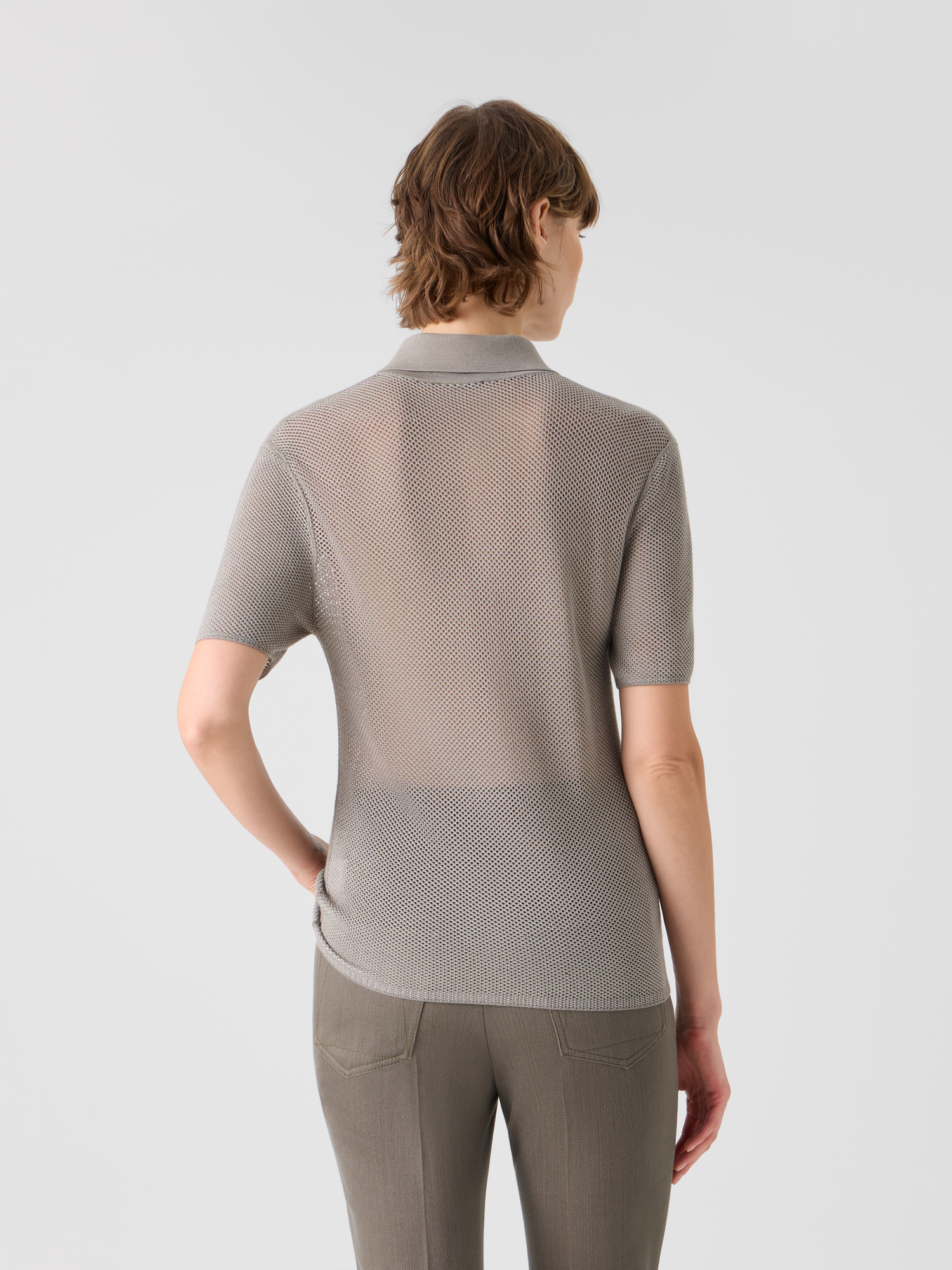 Designer Relaxed Fit Two Tone Grid Silk Polo Sweater - neutral - beige 