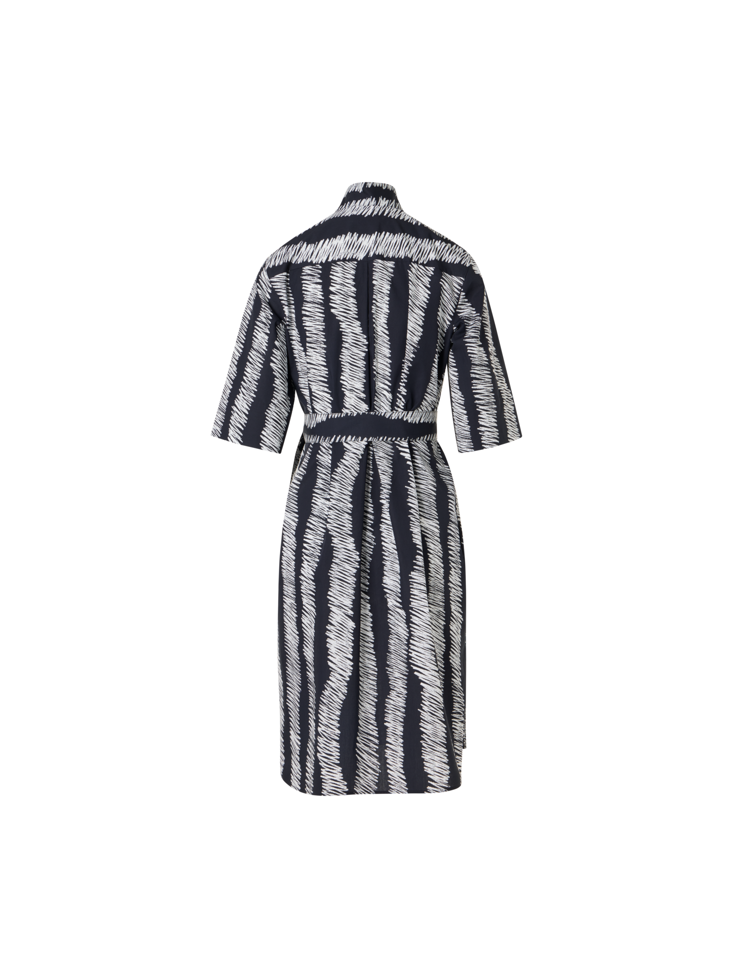 Designer Belted Scribble Wave Print Cotton Shirt Dress - black - multicolor