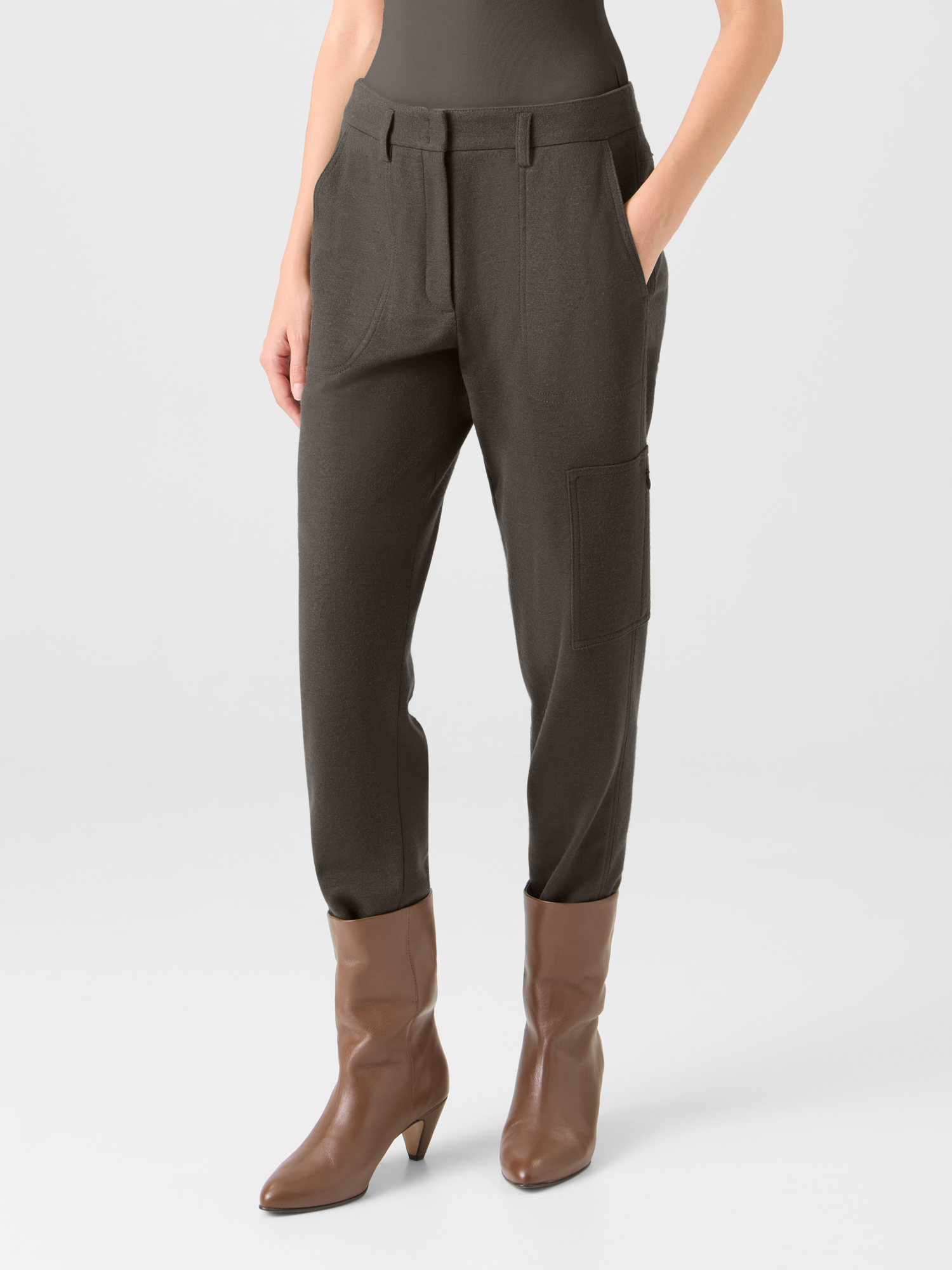 Designer Tapered Felted Wool Jersey Cargo Pants - neutral - brown 