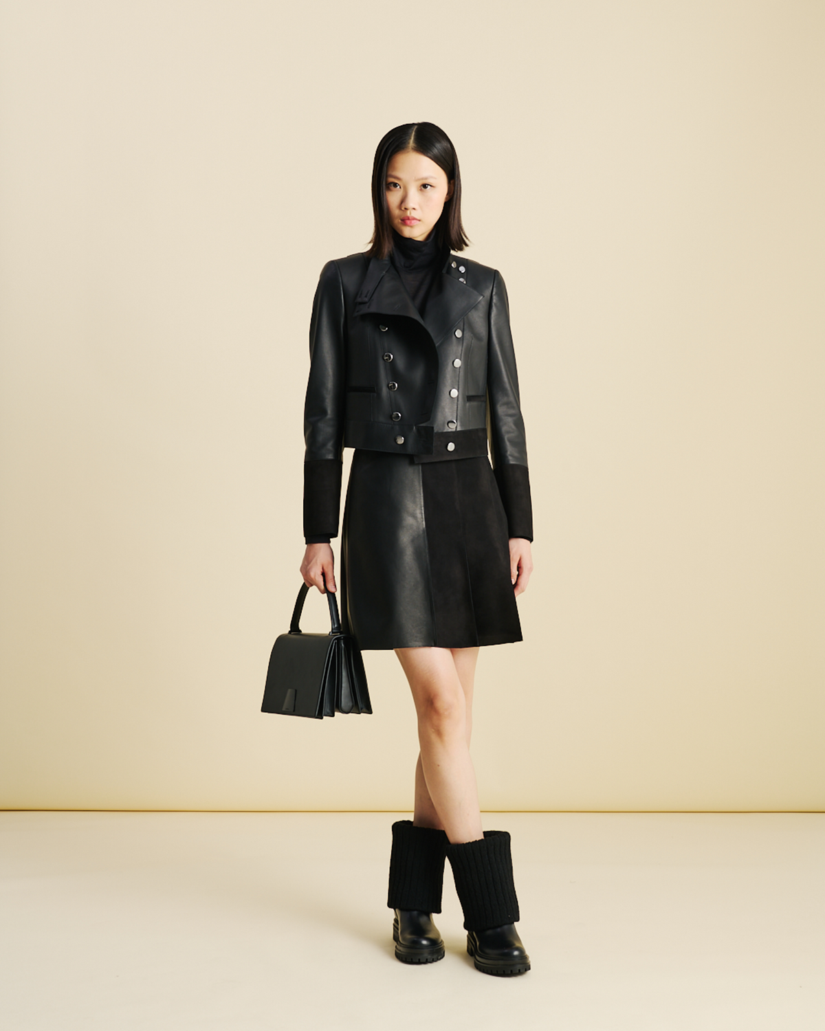 Designer Short Fitted Double-Breasted Leather Jacket - black - neutral #editorial