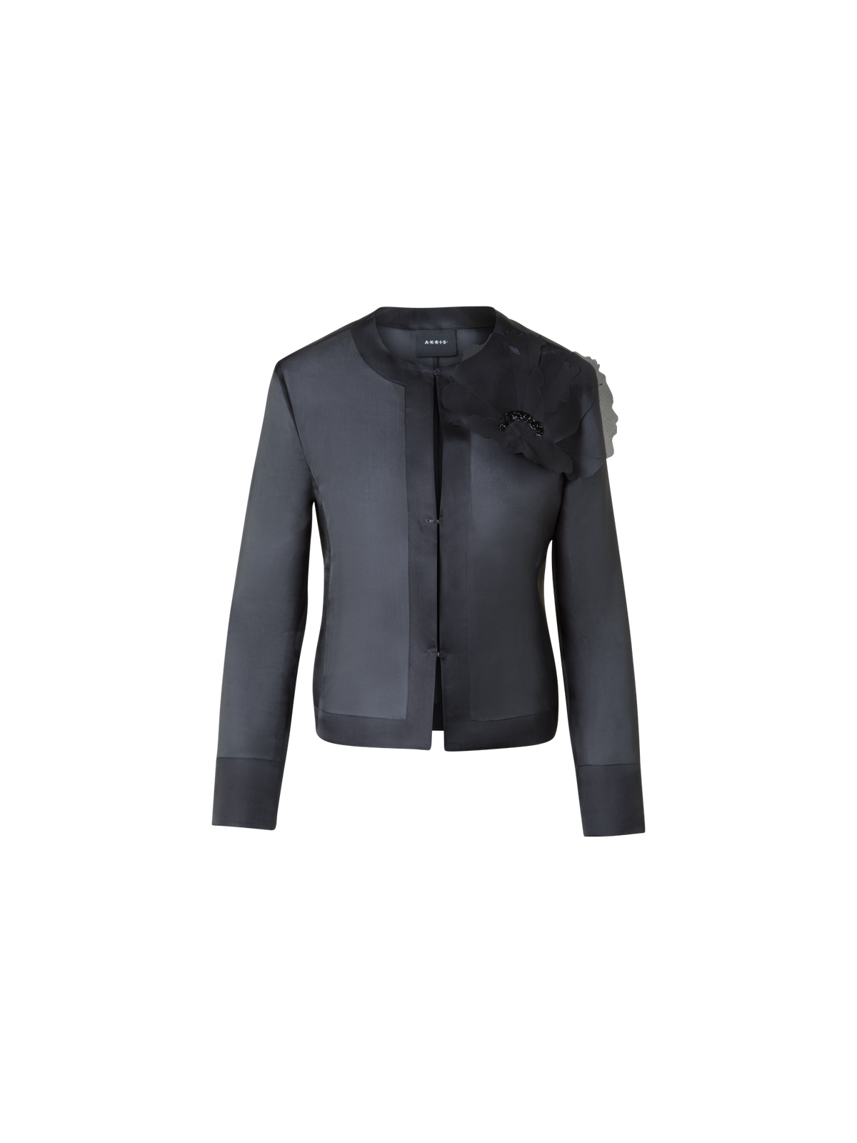 Designer Cropped Silk Jacket with 3D Organza Anemone - black - neutral