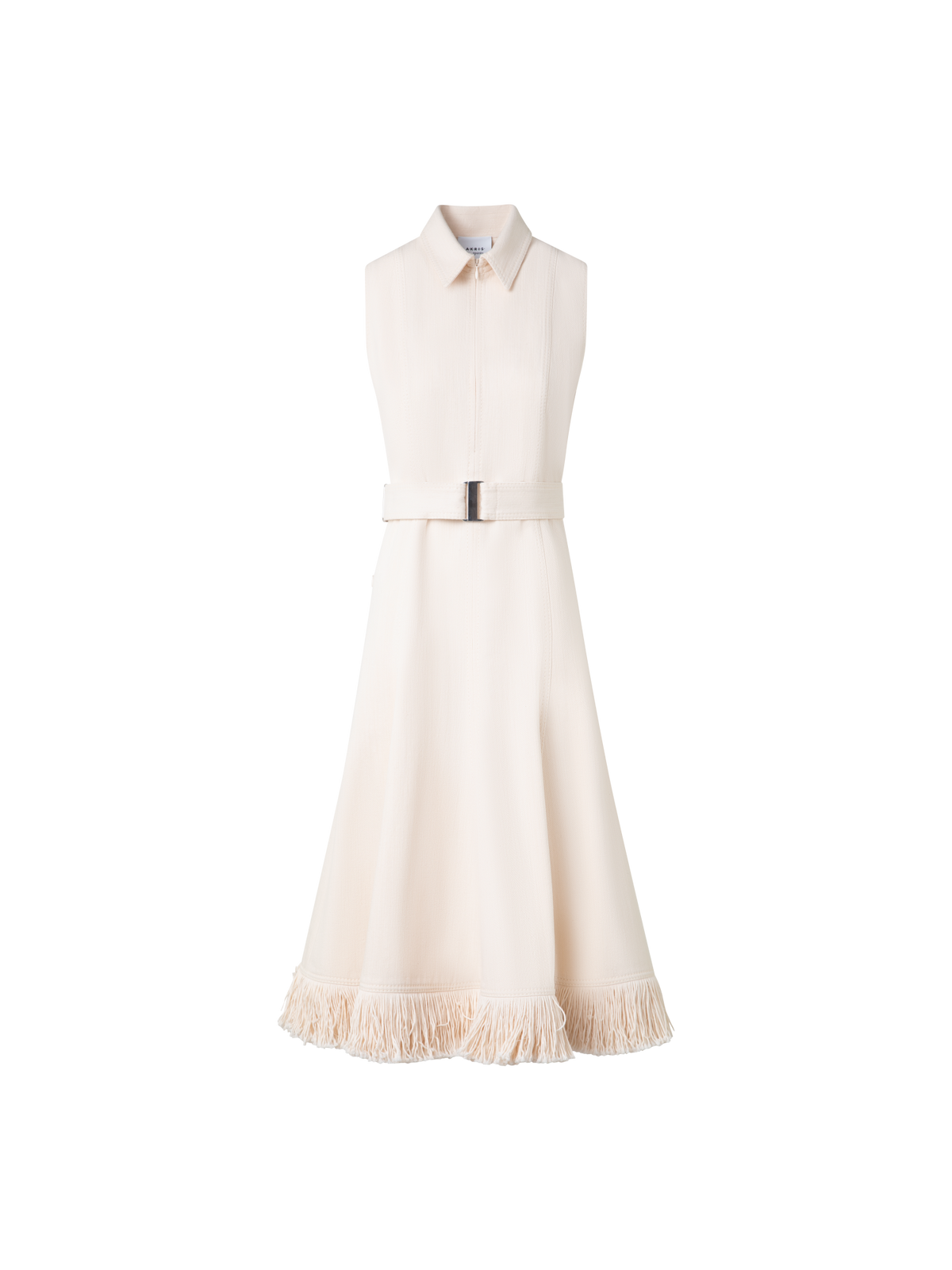 Designer Fit and Flare Denim Midi Dress with Fringes - neutral - pastel