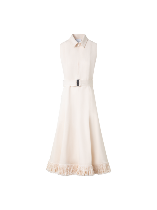 Designer Fit and Flare Denim Midi Dress with Fringes - neutral - pastel