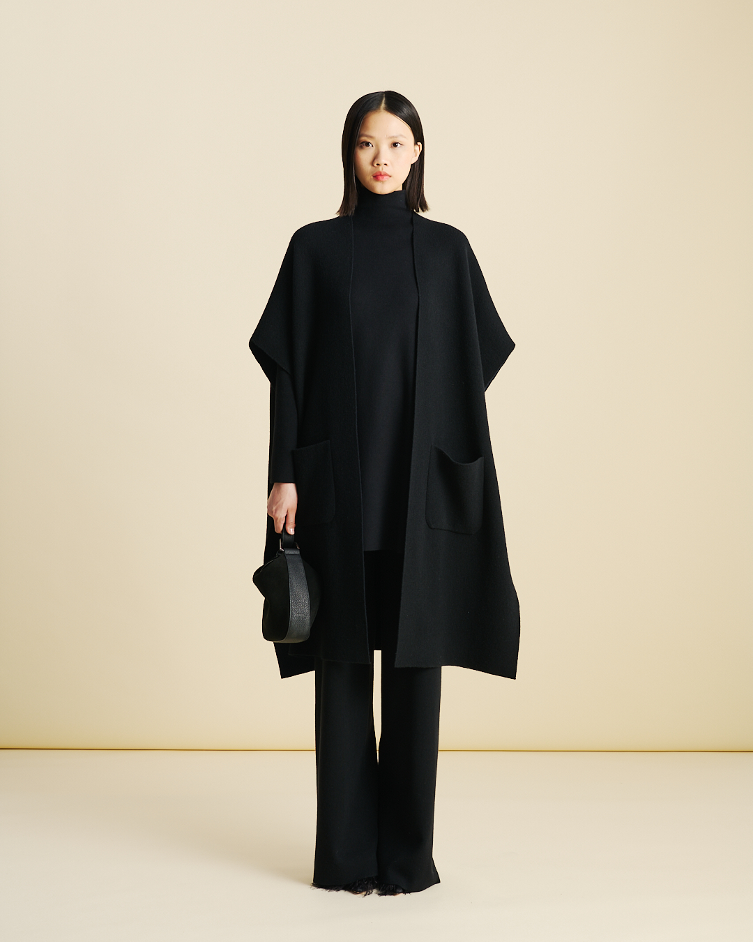 Designer Bi-Color Cashmere Double-Face Knit Cape - black - neutral - navy - blue - multicolor 