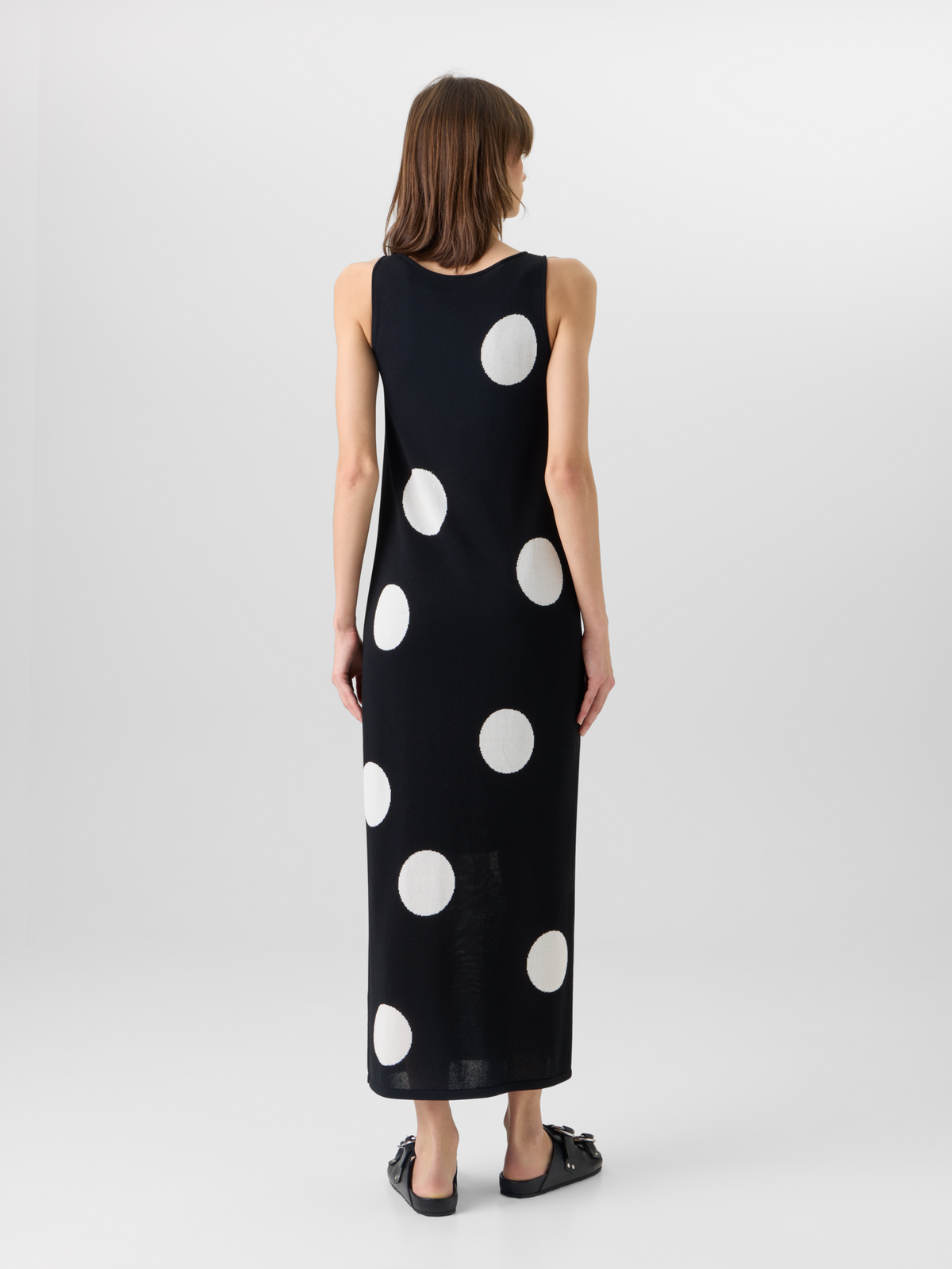 Designer Sleeveless Polka-Dot Midi Knit Dress - black #editorial