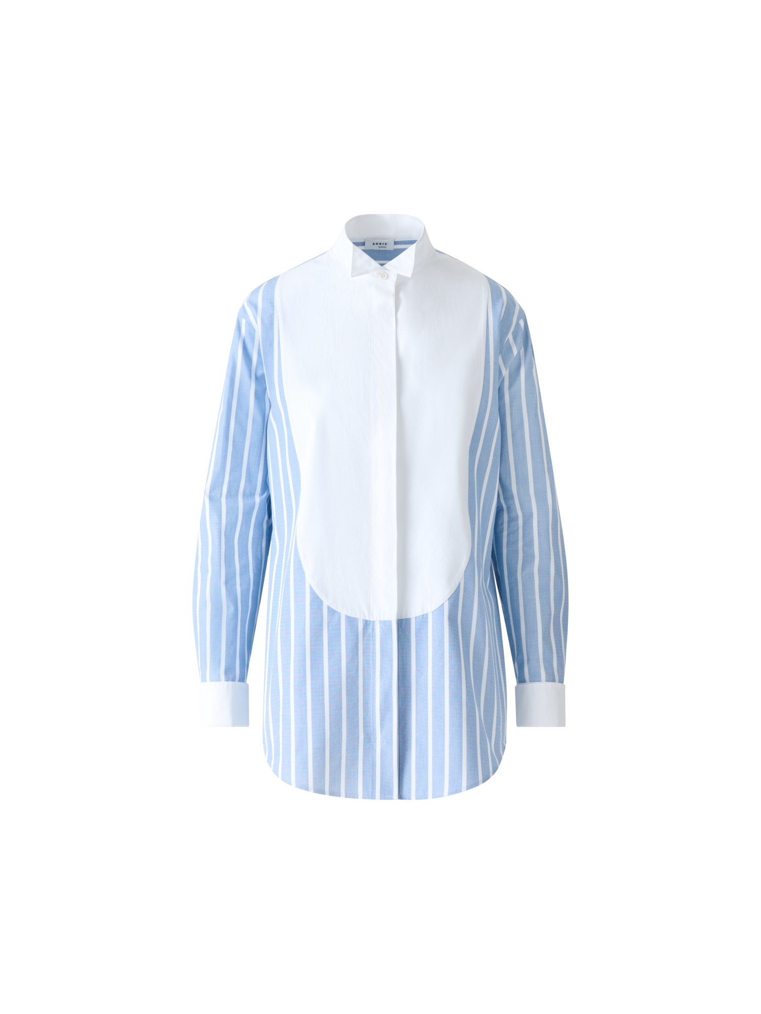 Designer Striped Cotton Tunic Blouse with Big Plastron - blue - multicolor