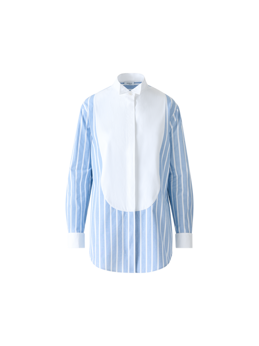 Designer Striped Cotton Tunic Blouse with Big Plastron - blue - multicolor