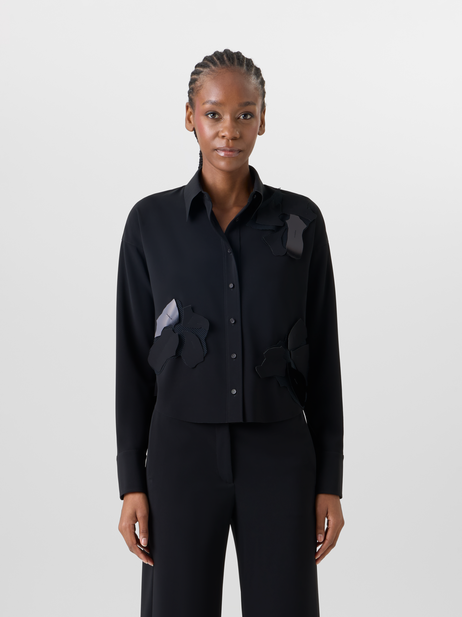 Designer Long-Sleeve Papercut Flower Blouse - black 