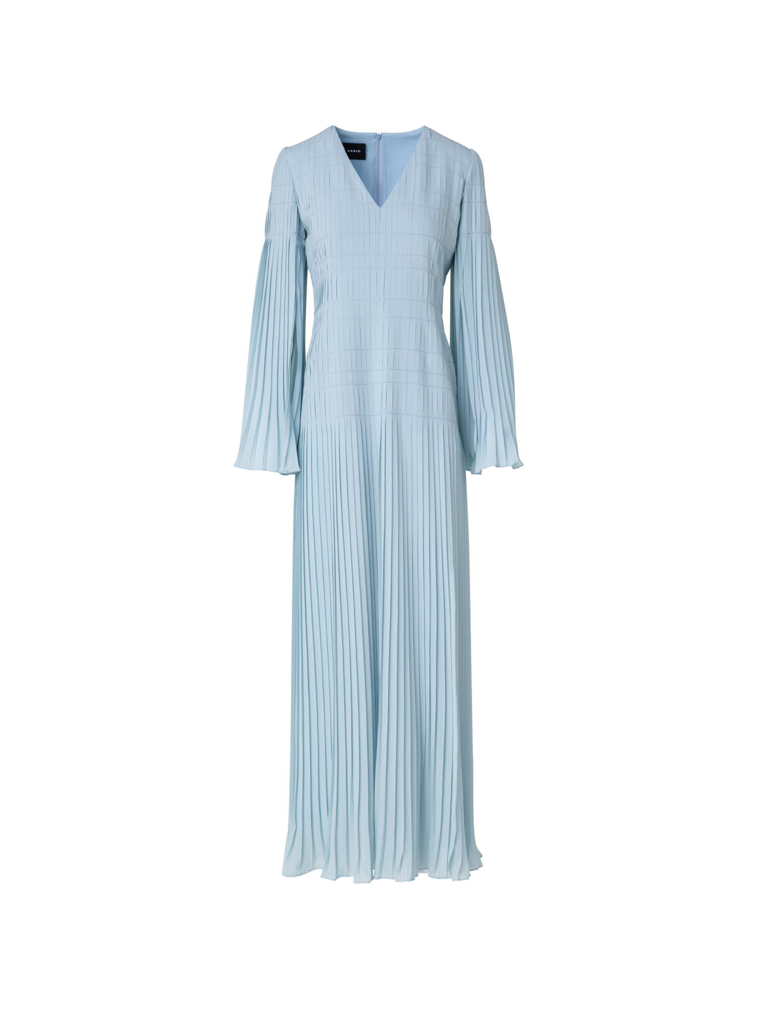Designer Long Pleated Gown with Long Flared Sleeves - blue