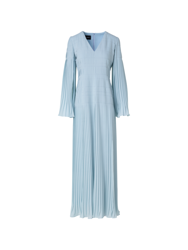 Designer Long Pleated Gown with Long Flared Sleeves - blue