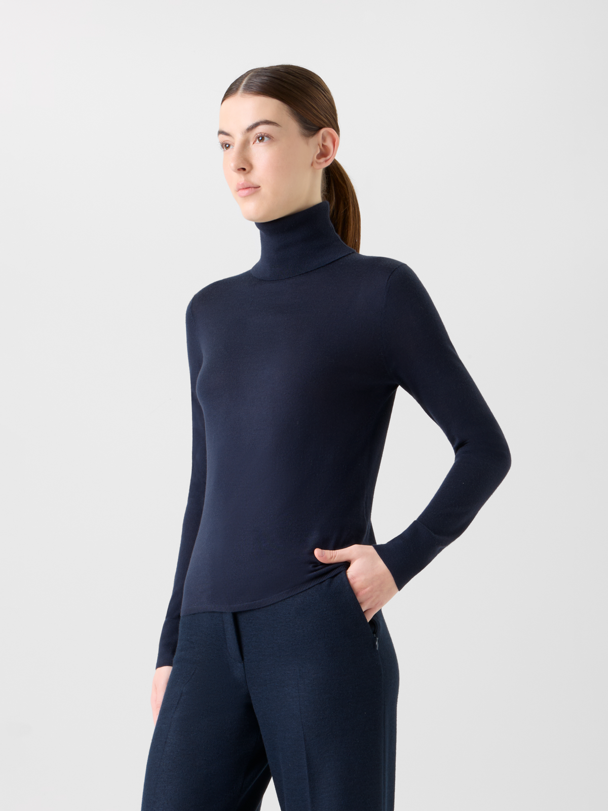Designer Cashmere Silk Mock Neck Sweater with Rib Cuff - neutral - navy - blue #editorial