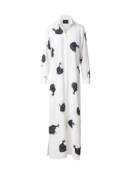 Designer Long Silk Tunic Dress with Tassels Print - multicolor - ecru - white