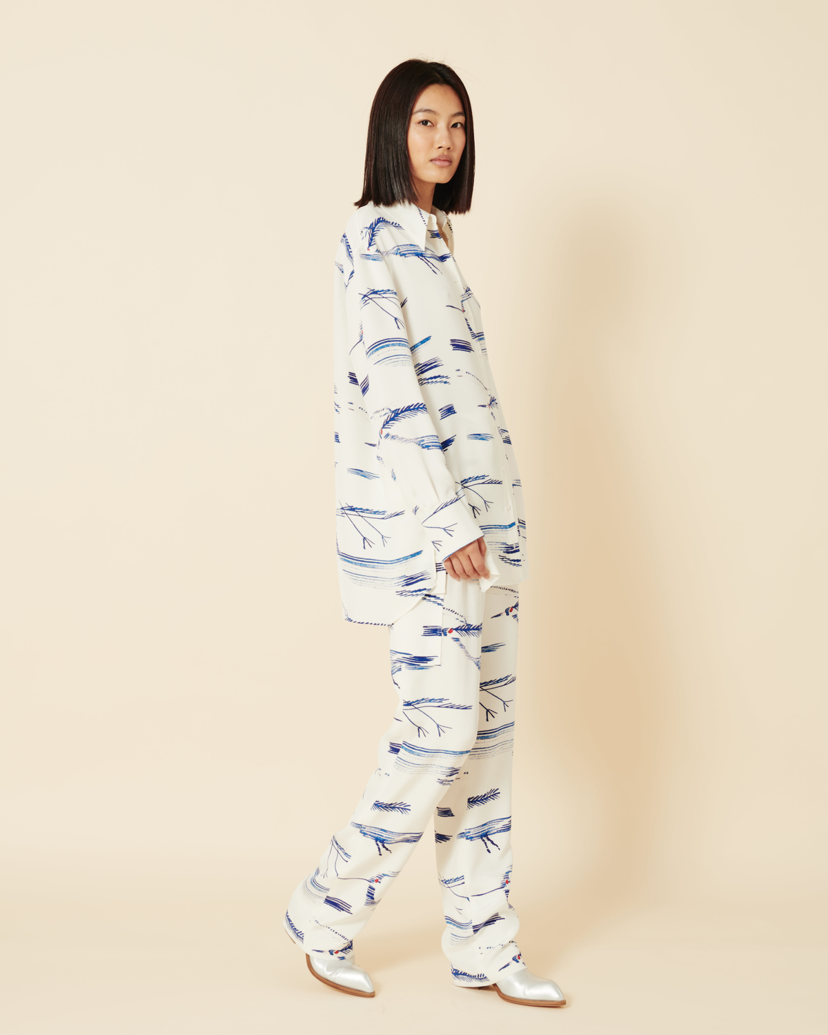 Designer Silk Cargo Pants with Kasuri Birds Print - blue - multicolor - ecru - white #editorial