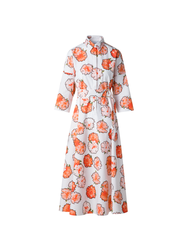Designer Midi Shirt Dress with Floral Carnation Print - multicolor - orange