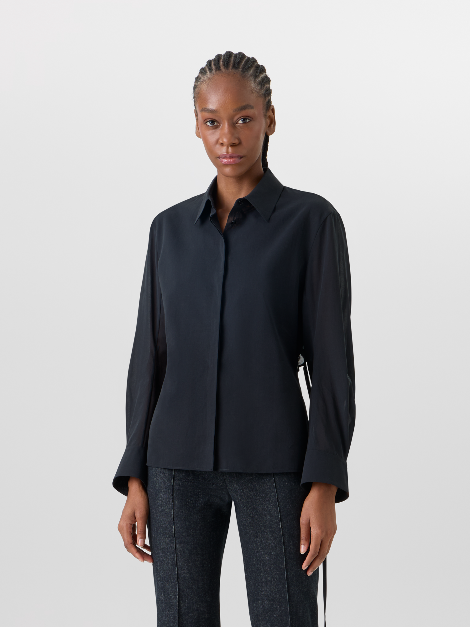 Designer Long-Sleeve Cotton Voile Blouse - black 