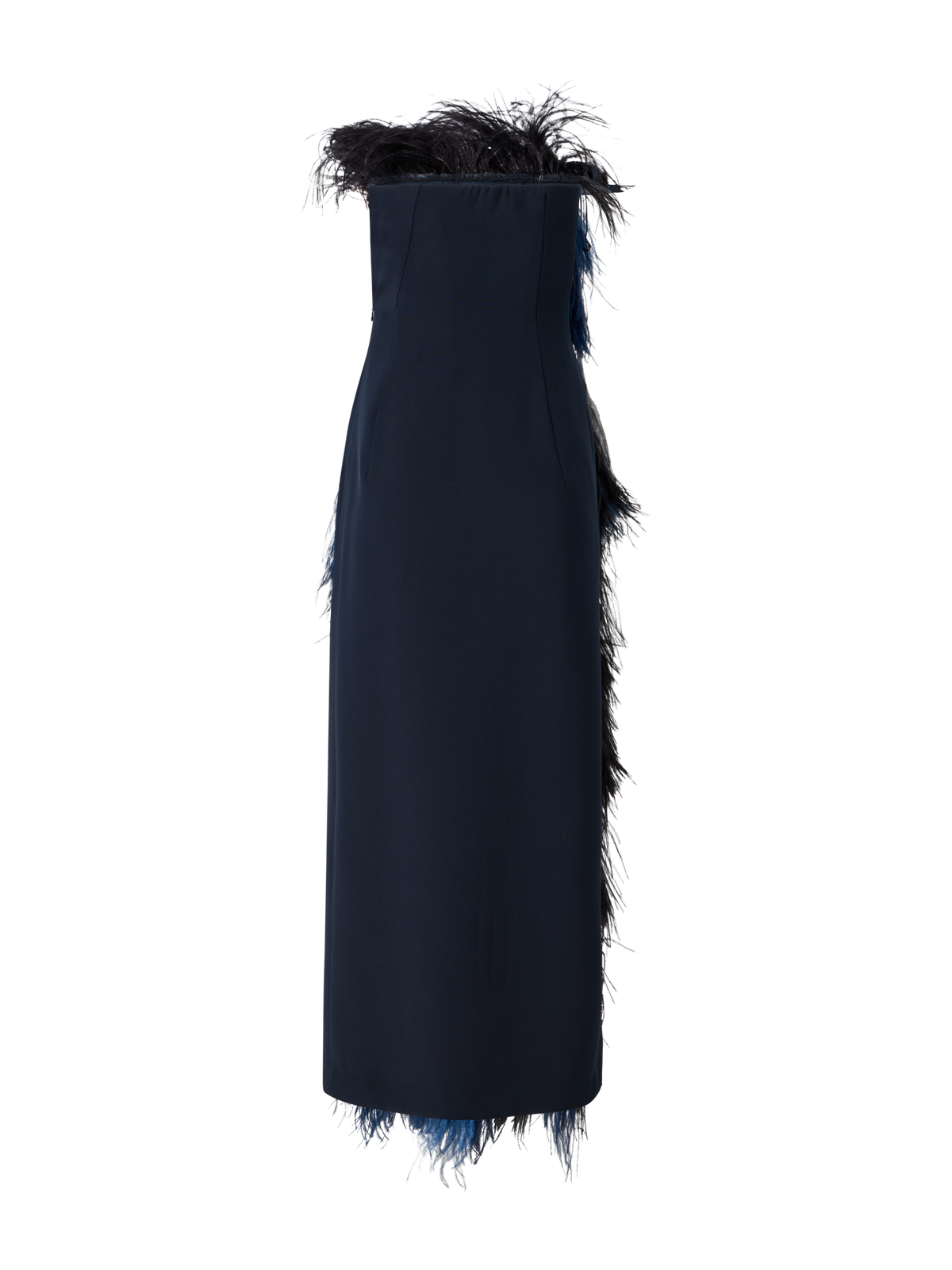 Designer Feathered Corsage Silk Gown with Slit - navy - blue - multicolor