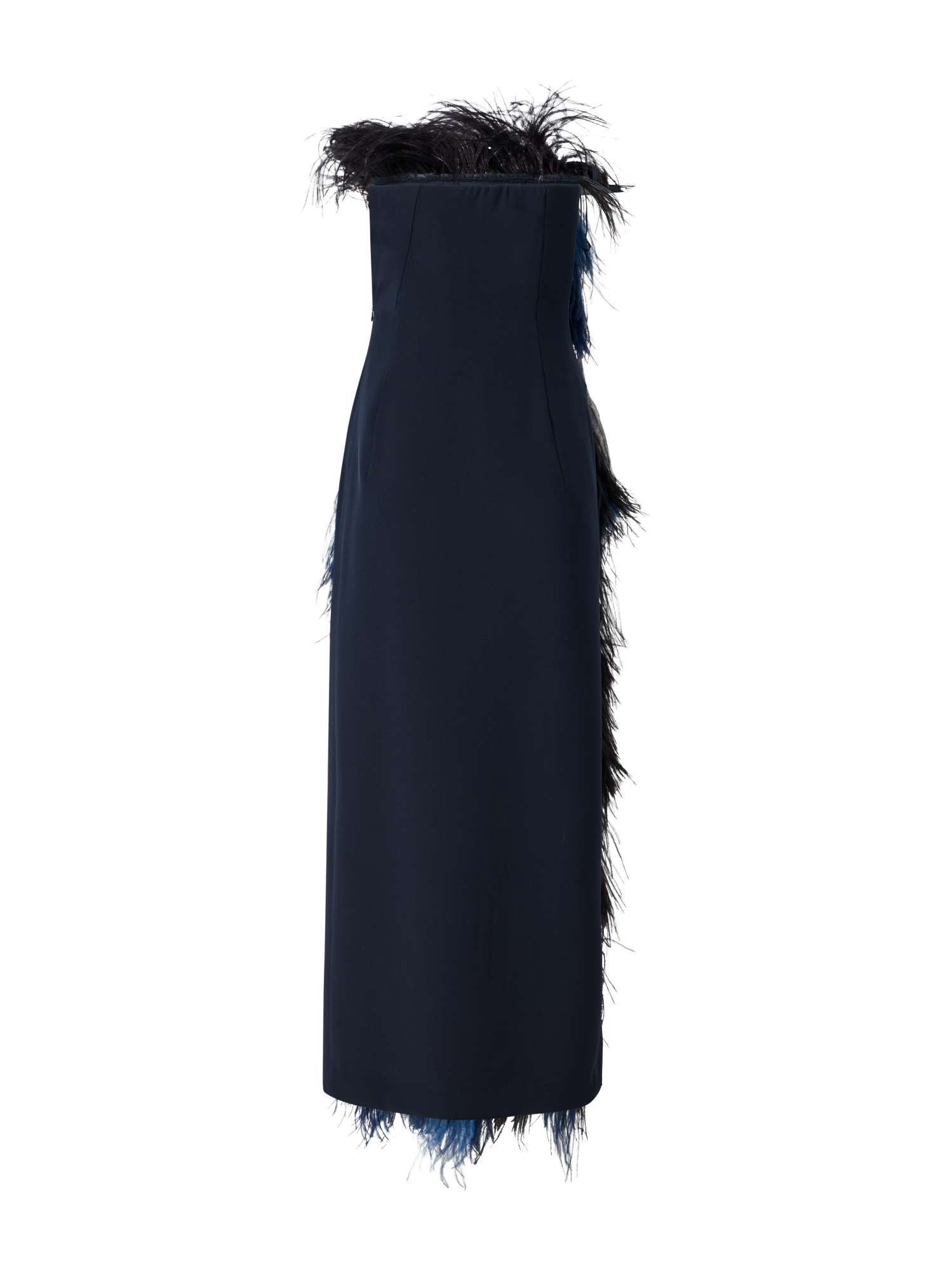 Designer Feathered Corsage Silk Gown with Slit - navy - blue - multicolor