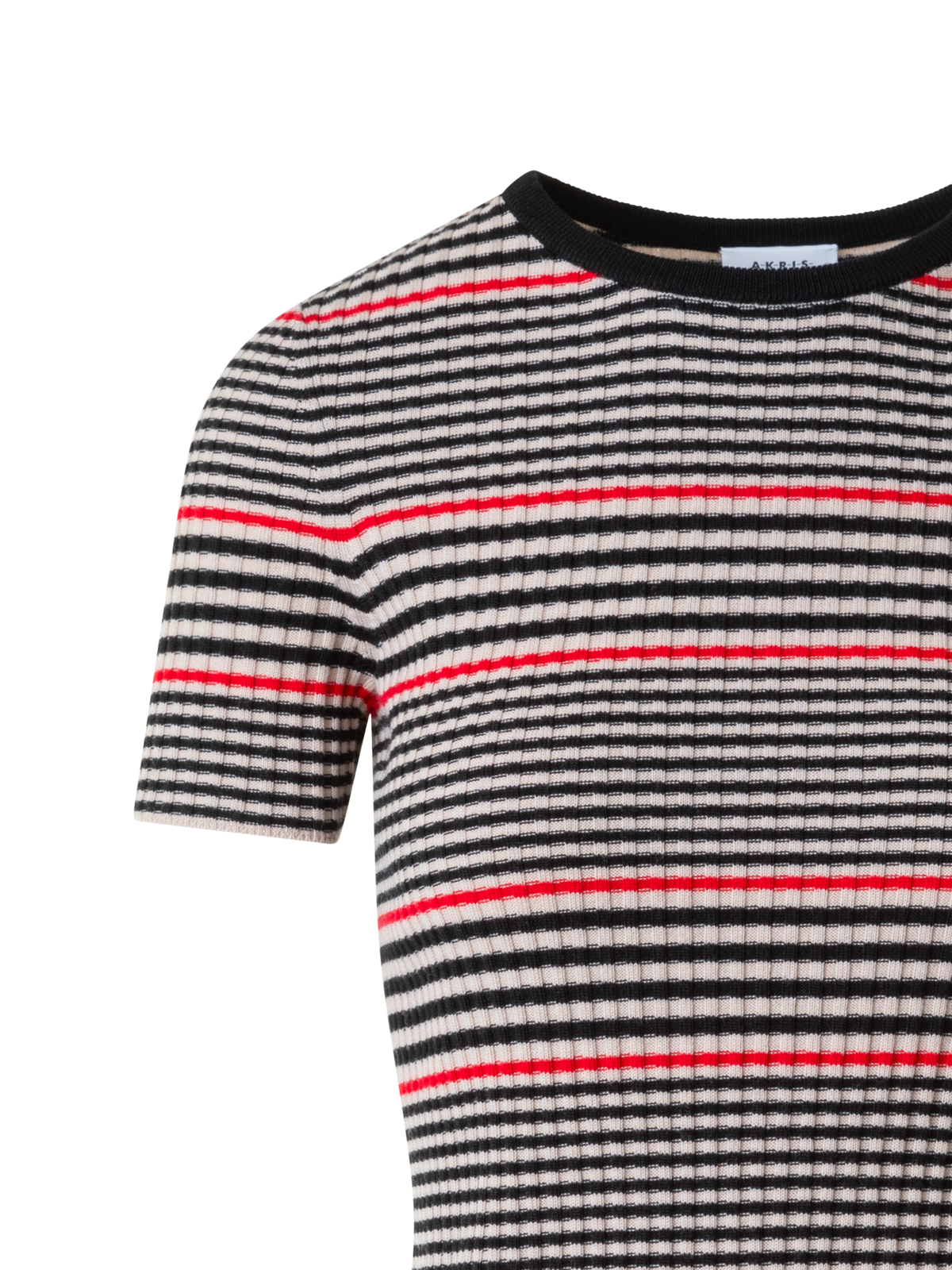 Designer Fitted Short Sleeve Merino Rib Striped Sweater - black - multicolor