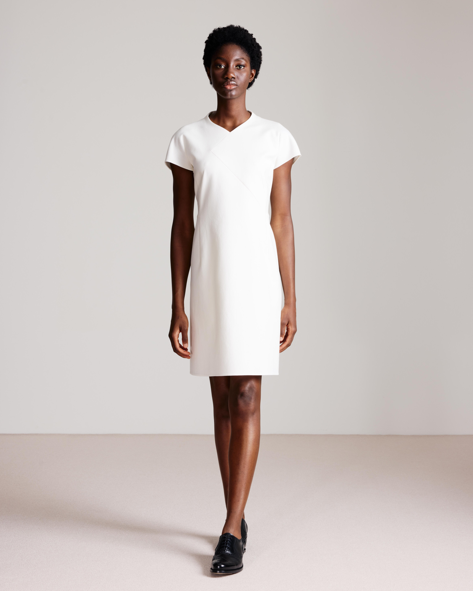 Designer V-Neck Sheath Dress in Cotton Silk Double-Face - neutral - ecru - white 