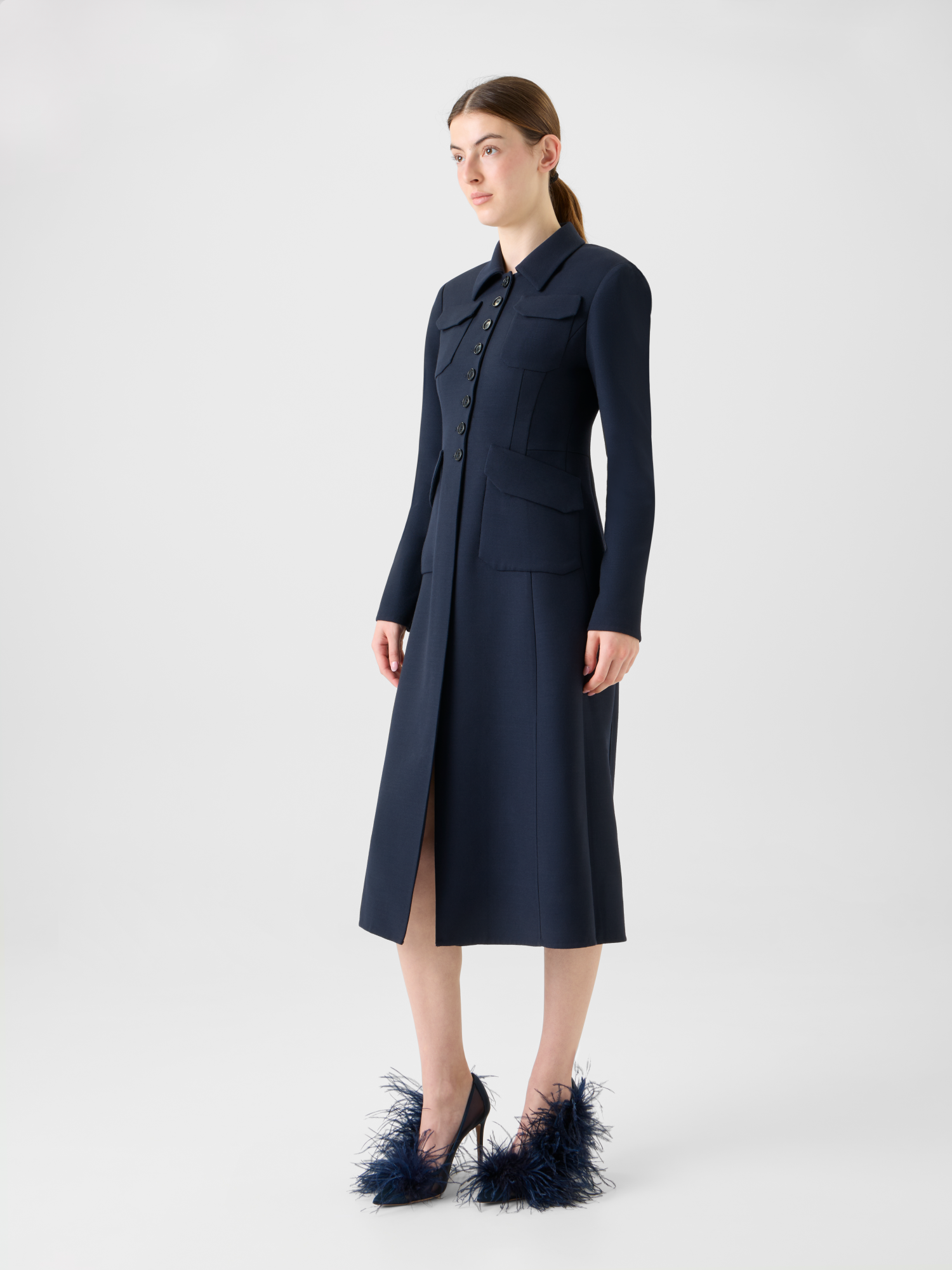 Designer Fitted Wool Double-Face Midi Coat Dress - neutral - navy - blue 