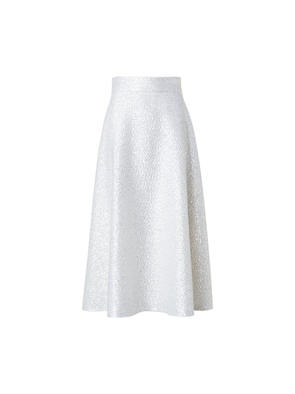Designer Wool Blend Sequins Flared Midi Skirt - ecru - white