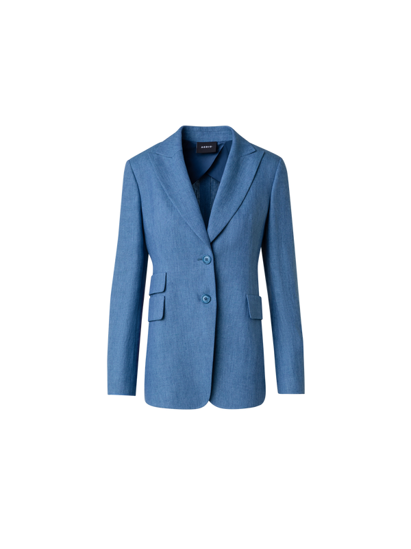 Designer Long Linen Gabardine Jacket with Peak Lapel - blue