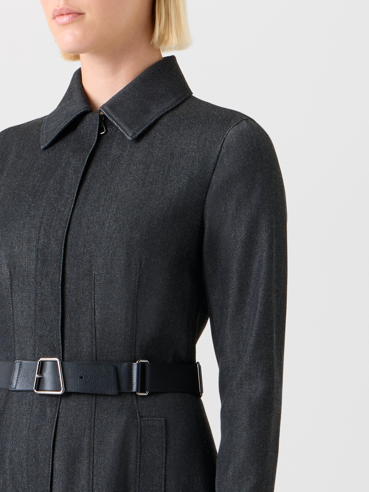 Designer Belted Stretch Cotton Denim Midi Shirt Dress - neutral - grey #editorial