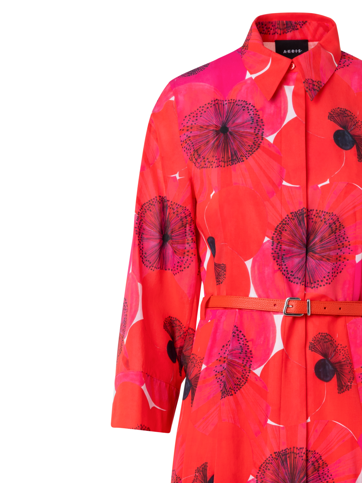 Designer Cotton Midi Shirt Dress in Poppy Print - multicolor - red