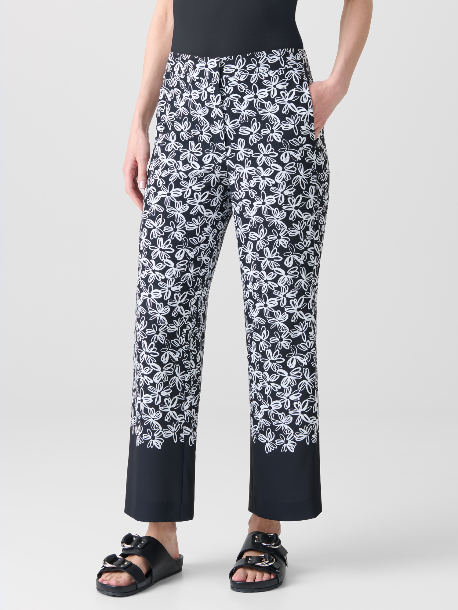 Designer Wide Pants with Elastic Waist & Daisy Print - black - neutral - multicolor 