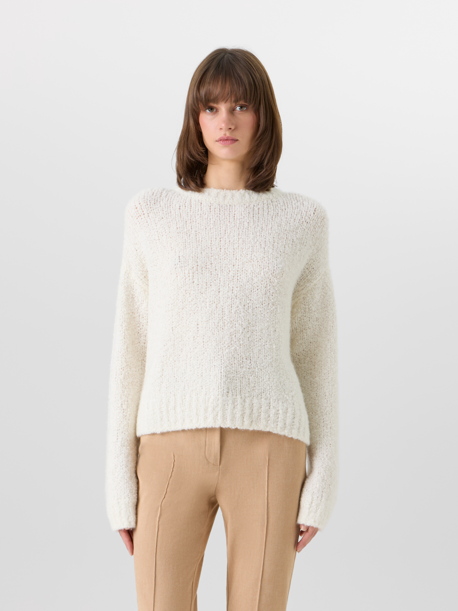 Designer Long-Sleeve Cashmere-Silk Bouclé Knit Sweater - ecru 