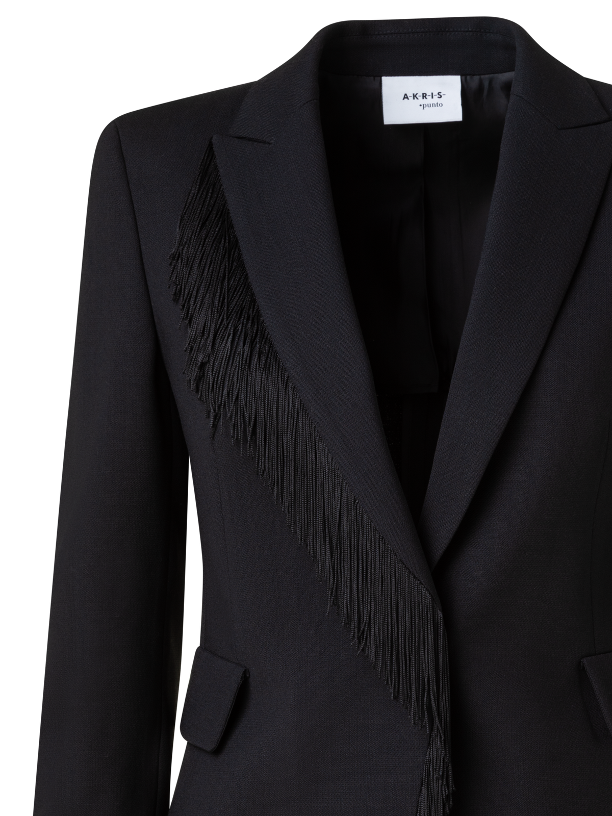 Designer Wool Stretch Crêpe Jacket with Fringes - black
