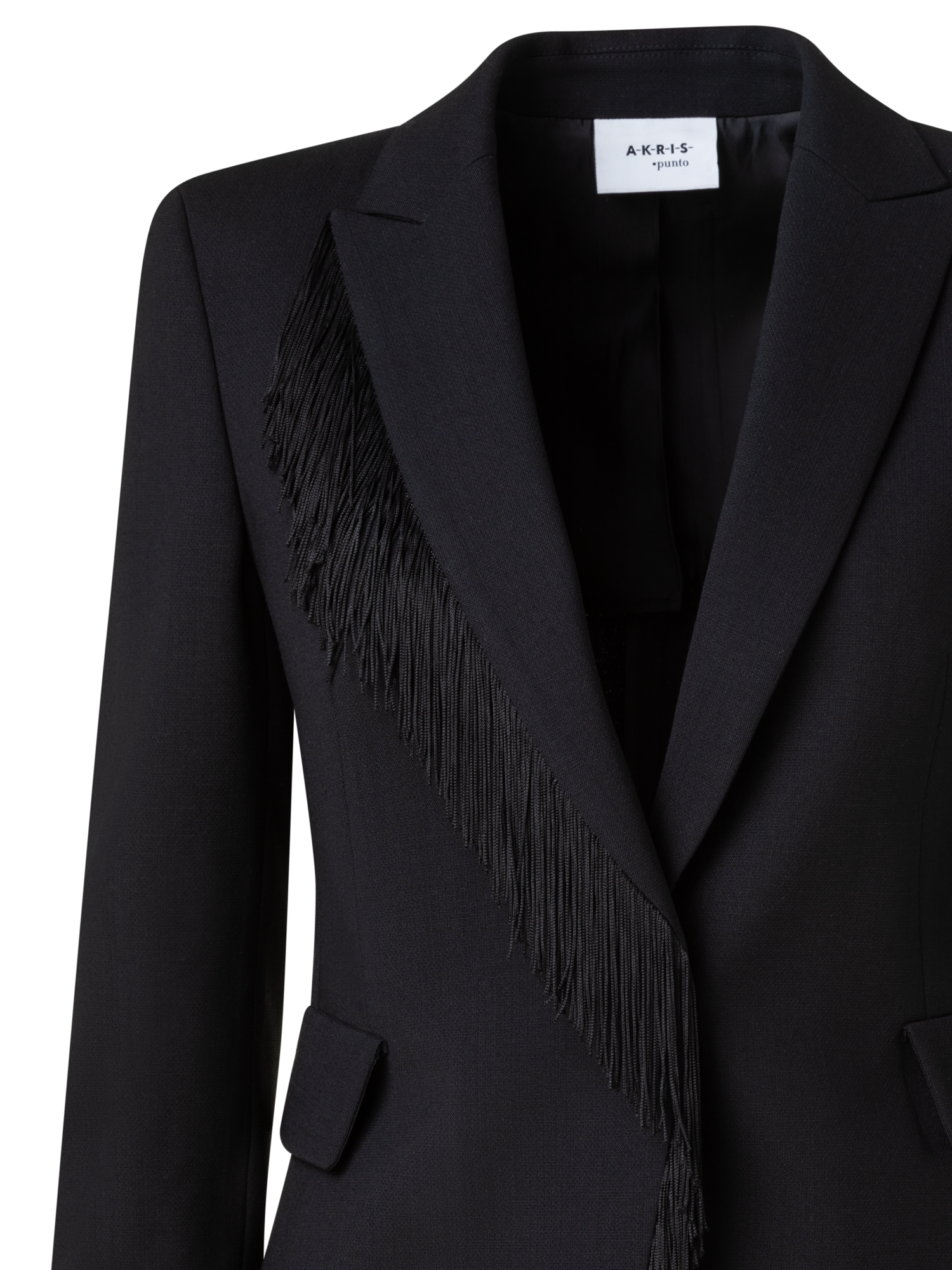 Designer Wool Stretch Crêpe Jacket with Fringes - black