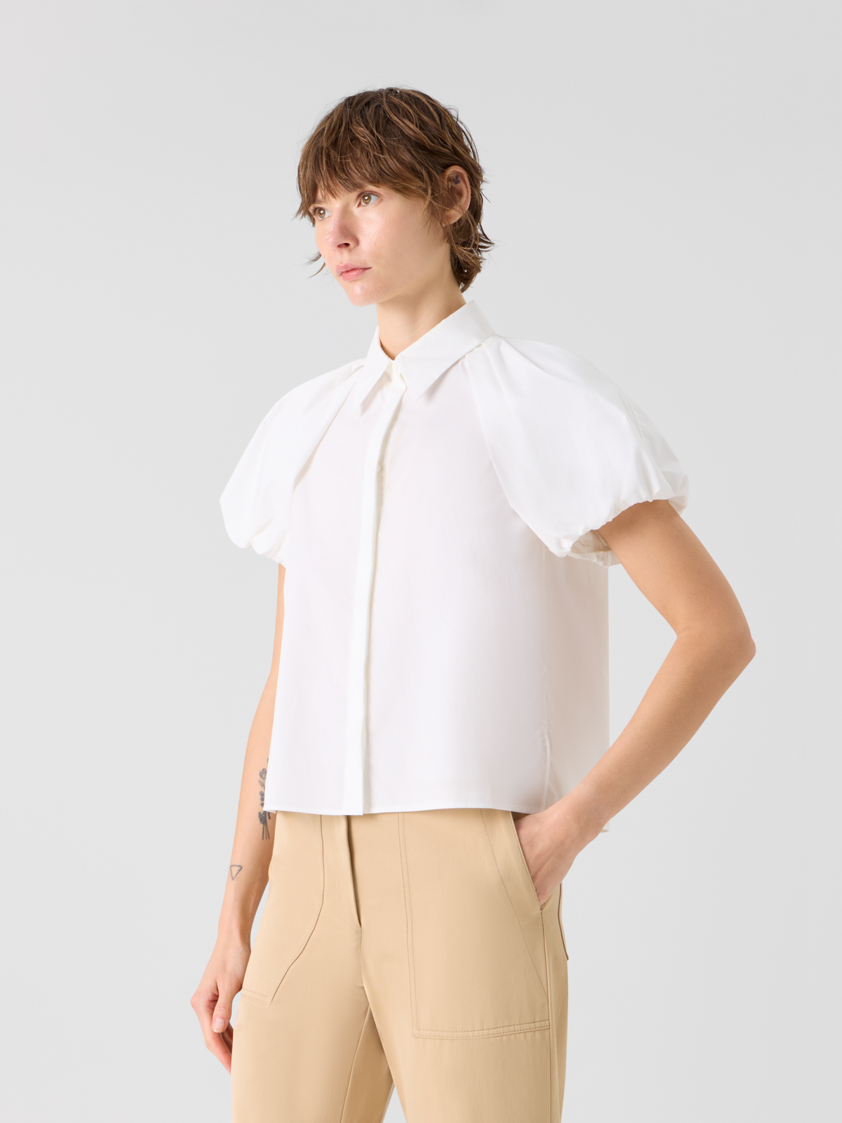 Designer Cotton Poplin Blouse with Bubble Sleeves - white