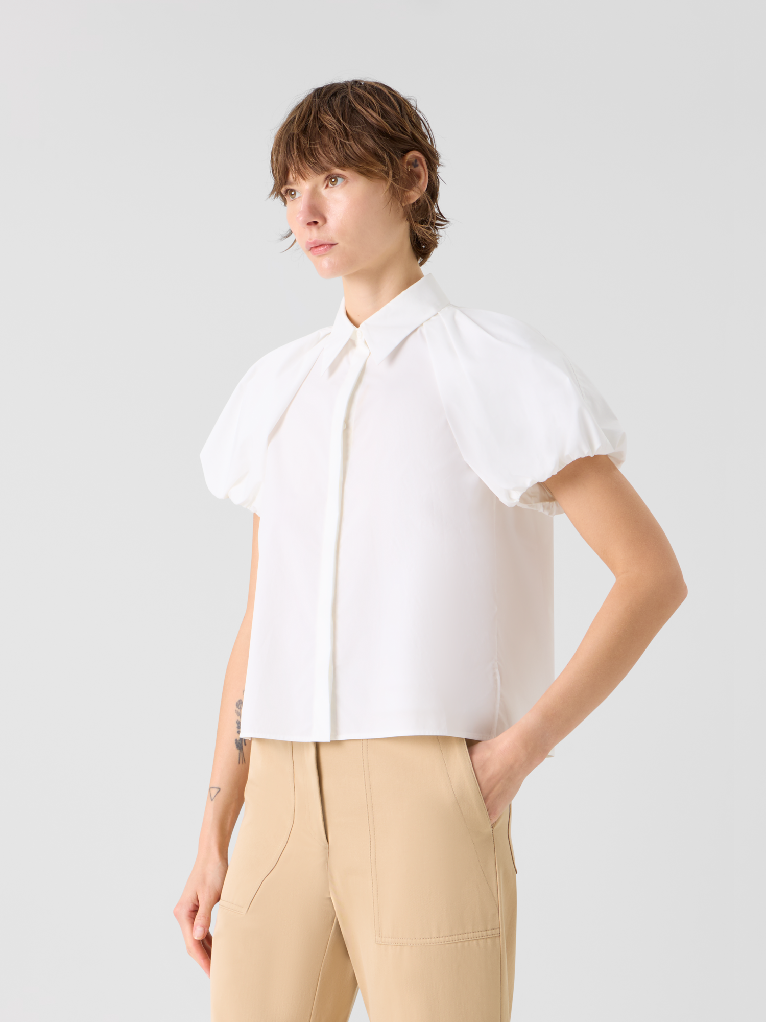 Designer Cotton Poplin Blouse with Bubble Sleeves - white
