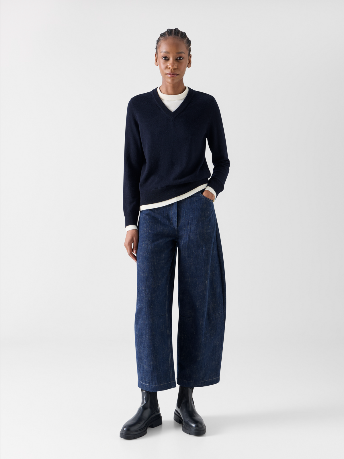 Designer Wool Cashmere Sweater with V-Neck Trompe l'Oeil - navy 