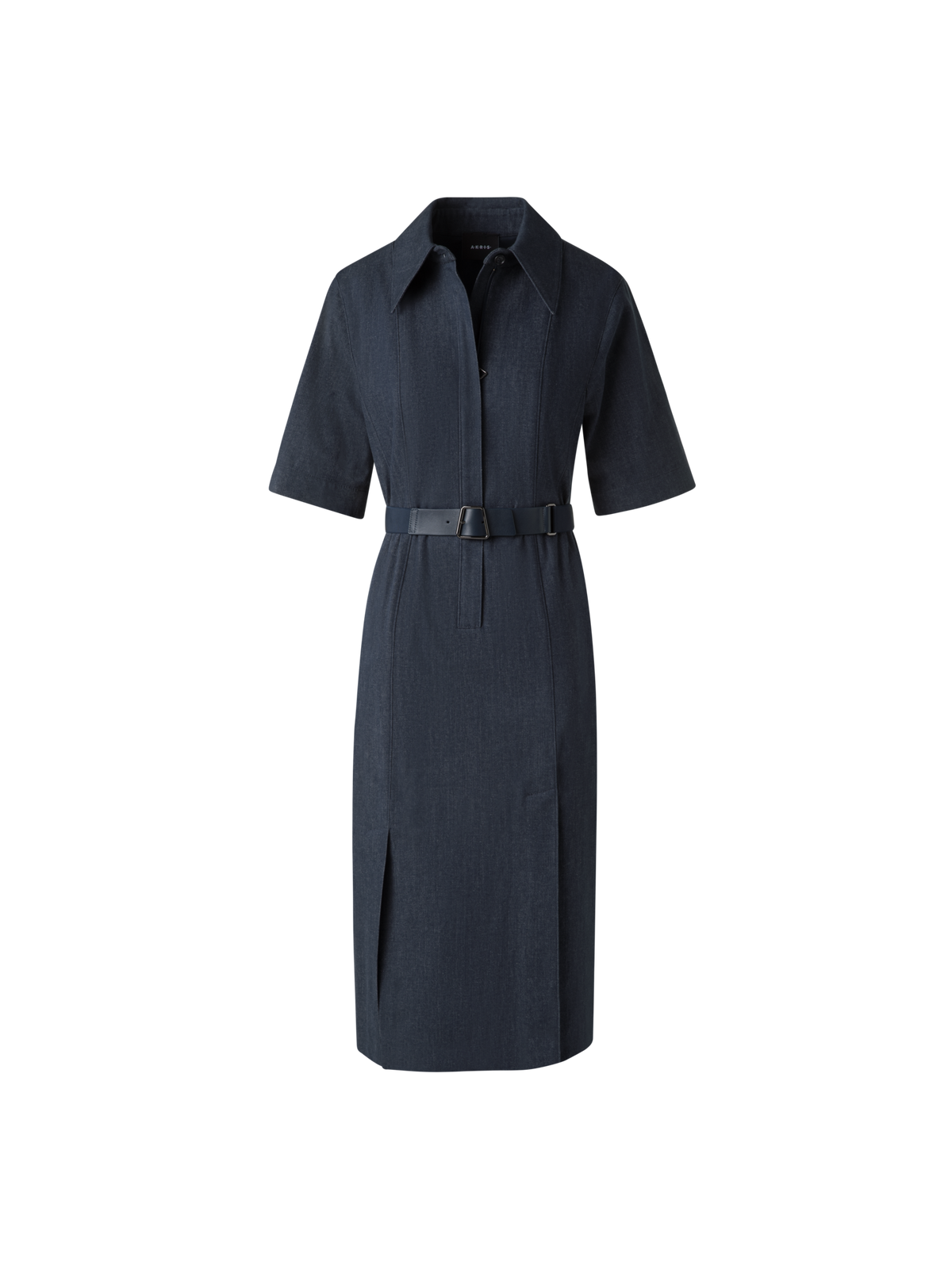 Designer Short Sleeve Shirt Dress in Cotton Denim - neutral - navy - blue