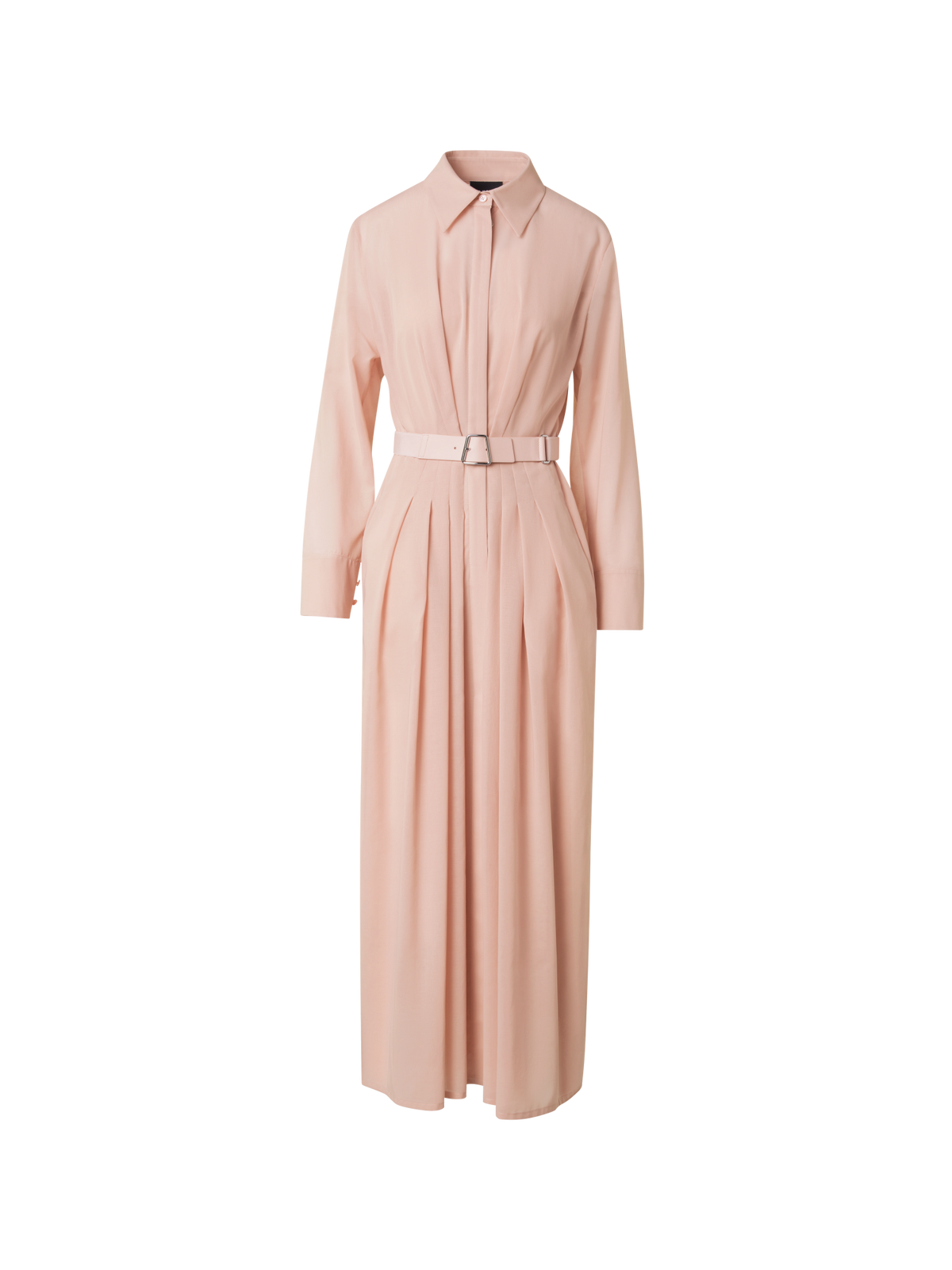 Designer Belted Long Sleeve Shirt Dress in Cotton Voile - neutral - pastel - beige