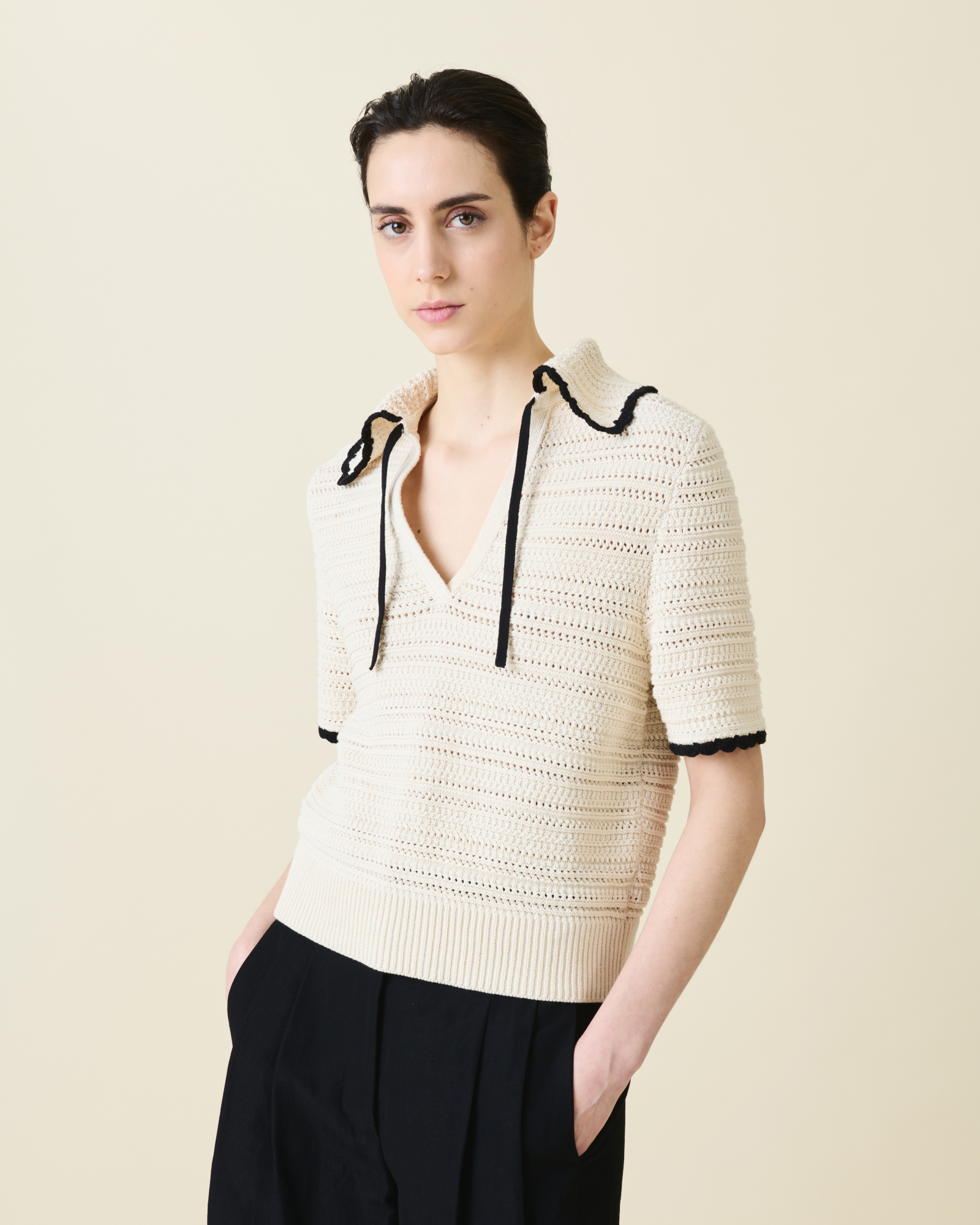 Designer Chunky Cotton Knit Top with Contrast Trim - neutral - multicolor - beige 