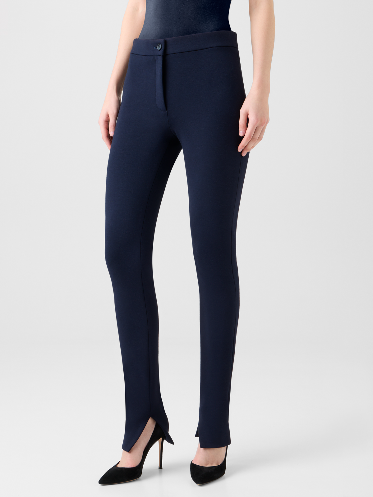 Designer Skinny Stretch Jersey Leggings with Slit - neutral - navy - blue #editorial
